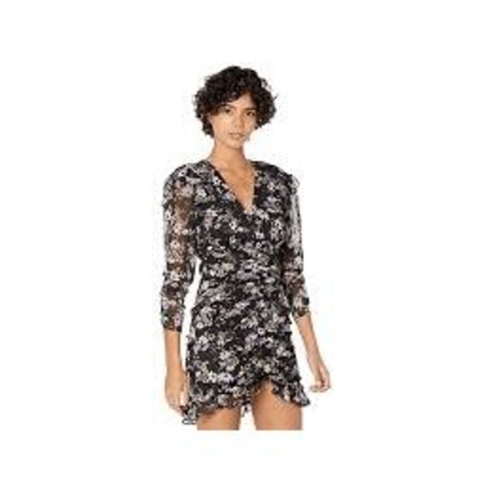 ASTR The Label Womens Stretch Chiffon Floral Print Kimba Mini Dress Black Medium